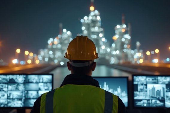 Fachkraft überwacht Industrieanlage bei Nacht über Leit- und Überwachungssysteme.