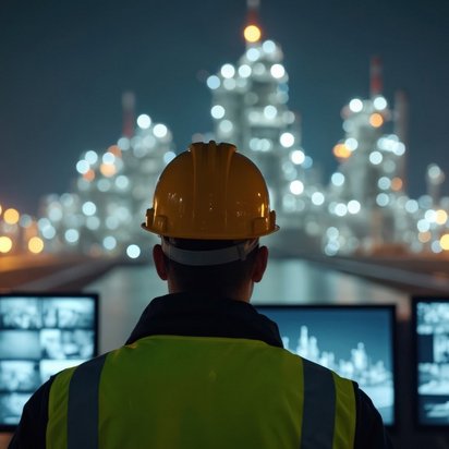 Fachkraft überwacht Industrieanlage bei Nacht über Leit- und Überwachungssysteme.