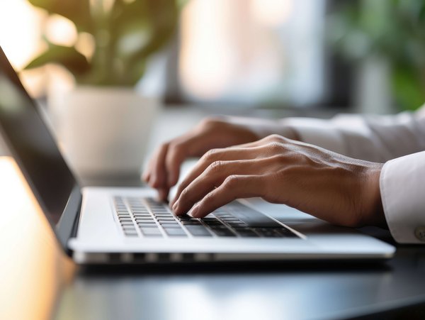 Person sitzt am Laptop und schreibt.