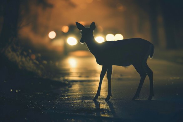 Reh auf einer nächtlichen Straße vor herannahendem Auto