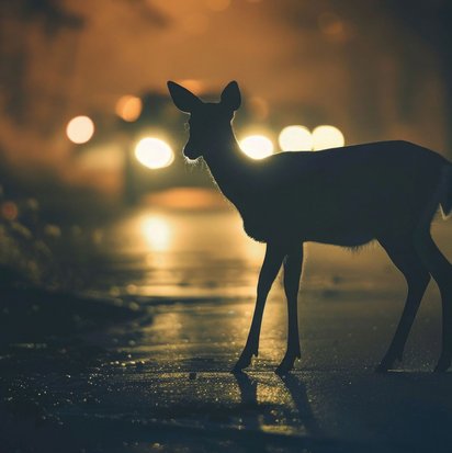 Reh auf einer nächtlichen Straße vor herannahendem Auto