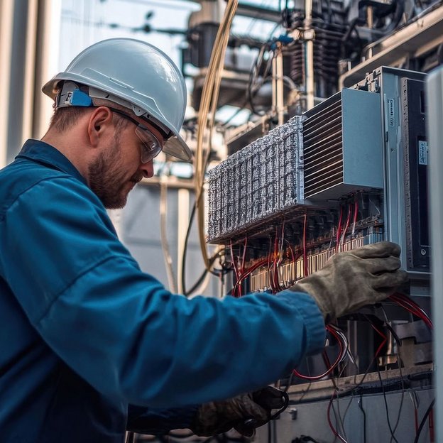 Techniker mit Helm arbeitet an einem Schaltschrank in einer Industrieanlage.