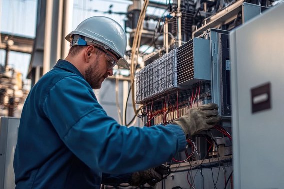 Techniker mit Helm arbeitet an einem Schaltschrank in einer Industrieanlage.