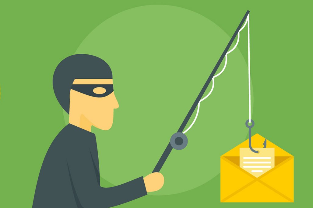 Eine Person mit schwarzer Augenmaske hält eine Angelrute, an deren Haken ein geöffneter gelber Briefumschlag hängt. Stellt E-Mail-Phishing und betrügerische Nachrichten dar.