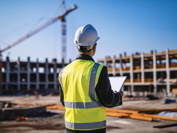 Bauleiter mit Tablet überwacht die Baustelle mit Kran und Bauarbeiten im Hintergrund