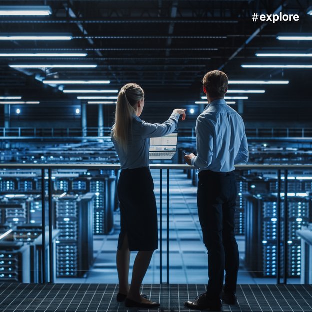 Zwei Personen stehen in einem modernen Rechenzentrum und betrachten einen Laptop mit Datenanalysen. Die Umgebung ist von blauen Lichtern und zahlreichen Servern geprägt, die eine technologische und futuristische Atmosphäre schaffen.