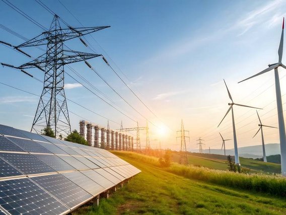 Solarpanels, Windräder und Stromleitungen bei Sonnenuntergang – erneuerbare Energien in der Landschaft