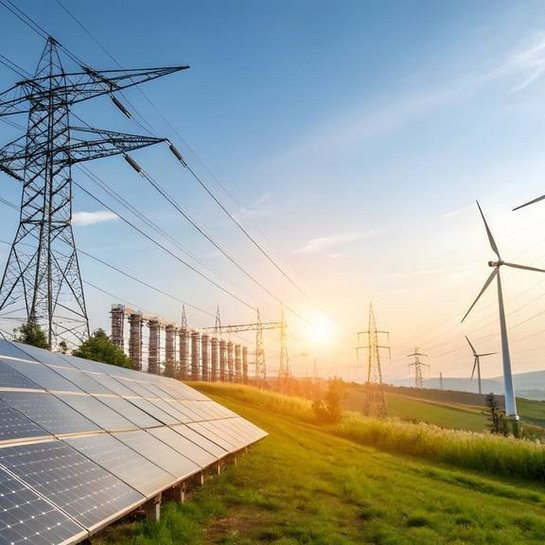 Solarpanels, Windräder und Stromleitungen bei Sonnenuntergang – erneuerbare Energien in der Landschaft