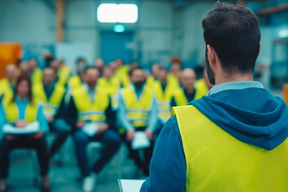 Sicherheitsunterweisung Sicherheitsunterweisung für Mitarbeiter in einem Industriebetrieb während einer Arbeitsschutz-Schulung.
