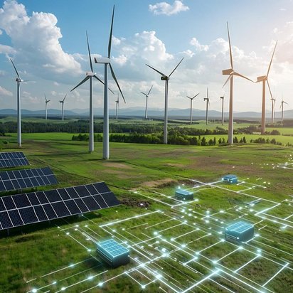 Windpark und Photovoltaikanlage mit digital visualisierter Netzintegration in ländlicher Umgebung.