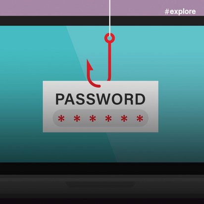 Ein Laptop mit türkisfarbenem Bildschirm zeigt ein Passwort-Eingabefeld mit sechs roten Sternchen und einem roten Angelhaken darüber als Symbol für Phishing. Die Darstellung warnt vor Cyber-Bedrohungen und unsicheren Passwort-Abfragen auf einem violett-rosa Hintergrund.