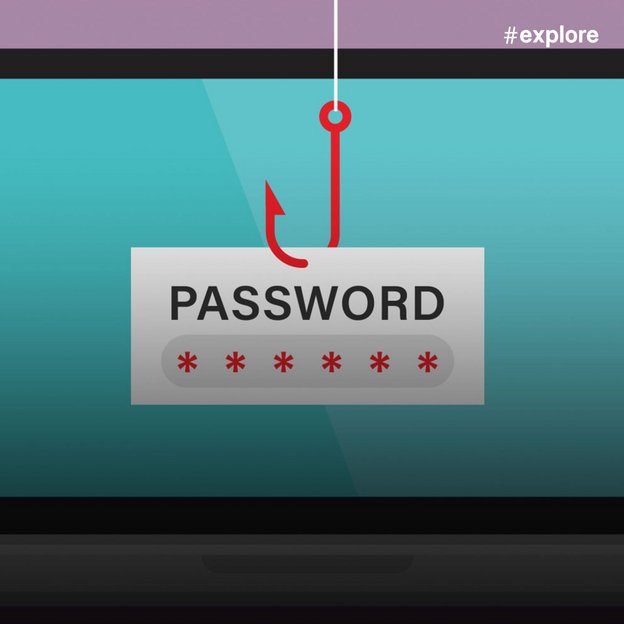 Ein Laptop mit türkisfarbenem Bildschirm zeigt ein Passwort-Eingabefeld mit sechs roten Sternchen und einem roten Angelhaken darüber als Symbol für Phishing. Die Darstellung warnt vor Cyber-Bedrohungen und unsicheren Passwort-Abfragen auf einem violett-rosa Hintergrund.