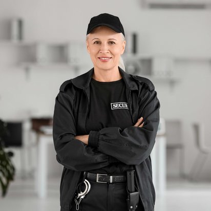 Sicherheitskraft in schwarzer Uniform mit verschränkten Armen, ausgestattet mit Handschellen und Funkgerät, symbolisiert professionelle Sicherheit und Schutz.