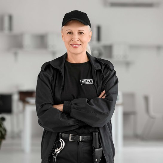 Sicherheitskraft in schwarzer Uniform mit verschränkten Armen, ausgestattet mit Handschellen und Funkgerät, symbolisiert professionelle Sicherheit und Schutz.