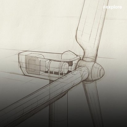 Technische Bleistiftzeichnung eines Kraftwerks mit Kühlturm, Rohrleitungssystem und industriellen Anlagen.