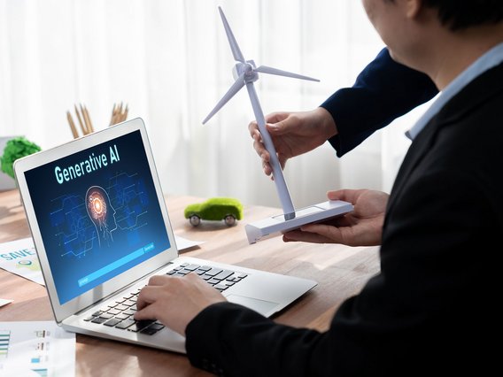 Generative KI trifft erneuerbare Energien Person zeigt ein Modell-Windrad neben einem Laptop mit „Generative AI“-Anzeige auf dem Bildschirm.