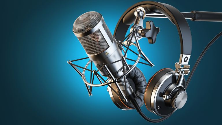 Headphones on microphone stand, professional studio Headphones on microphone stand, professional studio