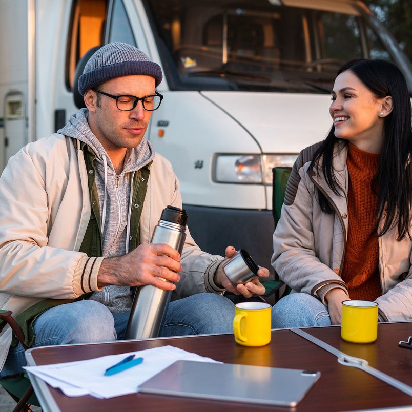 Entspanntes Camping mit Wohnmobil Camping mit Wohnmobil und heißem Getränk im Freien