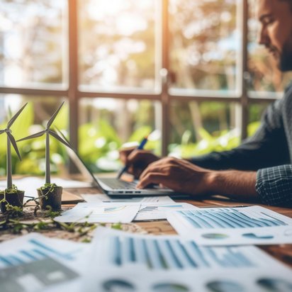 Produktives Arbeiten mit Blick ins Grüne. Person arbeitet mit Laptop und Dokumenten am Schreibtisch vor einem großen Fenster mit Blick ins Grüne.