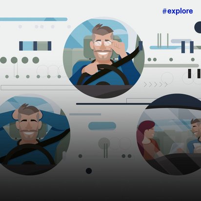 Collage mehrerer runder Illustrationen mit dem gleichen Mann in verschiedenen Fahrsituationen, angeordnet auf einem technisch gestalteten Hintergrund mit grafischen Elementen.