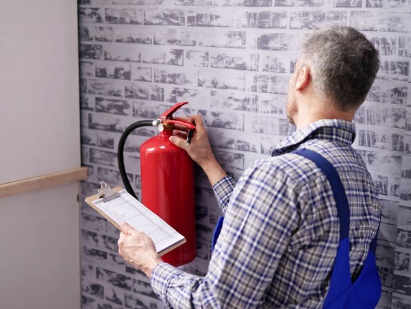  Techniker prüft Feuerlöscher an der Wand und dokumentiert die Ergebnisse auf einem Klemmbrett.