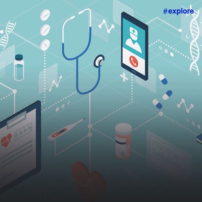 Eine isometrische Illustration zeigt vernetzte medizinische Technologien auf türkisem Hintergrund, darunter Stethoskop, Tablet, Mikroskop, DNA-Helices und Medikamente. Die gepunkteten Verbindungslinien zwischen den Objekten symbolisieren die digitale Vernetzung im modernen Gesundheitswesen und Telemedizin.