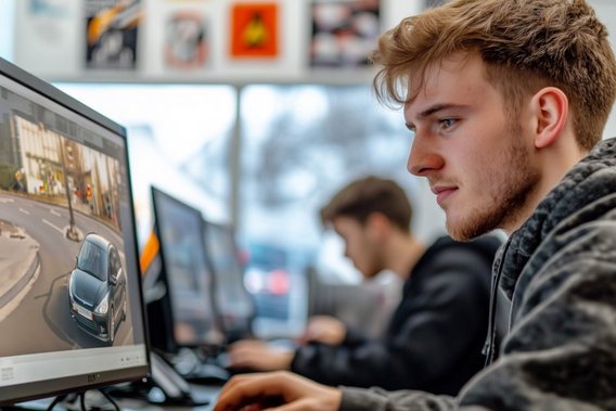 Fahrschüler beantwortet theoretische Führerschein-Fragen am PC