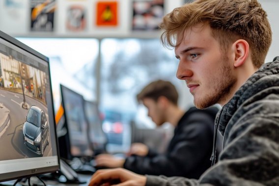 Fahrschüler beantwortet theoretische Führerschein-Fragen am PC