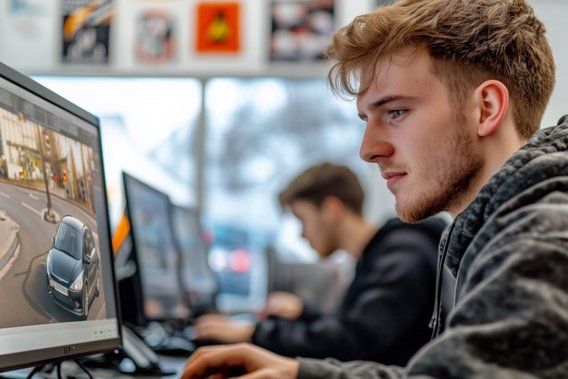 Fahrschüler beantwortet theoretische Führerschein-Fragen am PC