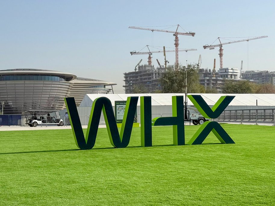 Large entrance sign for the World Health Expo (WHX) Dubai.
