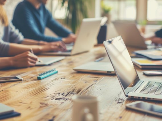 Teilnehmende arbeiten in einer Schulungssituation mit Laptops und Unterlagen – Fokus auf Energie- und Klimathemen