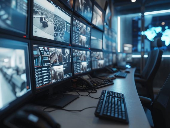 Überwachungsraum mit mehreren Bildschirmen, die Live-Feeds und Daten anzeigen.