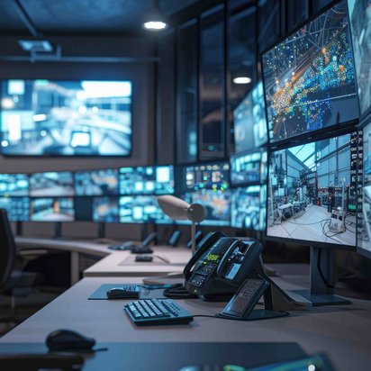 Ein modernes Kontrollzentrum mit zahlreichen Bildschirmen, die Überwachungsbilder und Daten anzeigen.