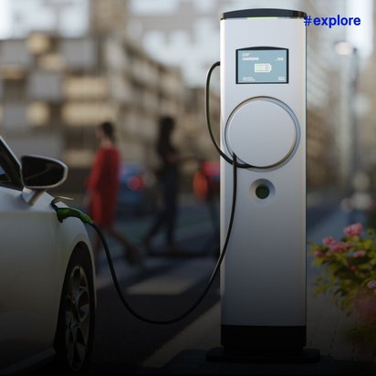 Weißes Elektroauto wird an einer modernen Ladestation mit Display aufgeladen, im Hintergrund verschwommene Stadtszene mit Blumen.