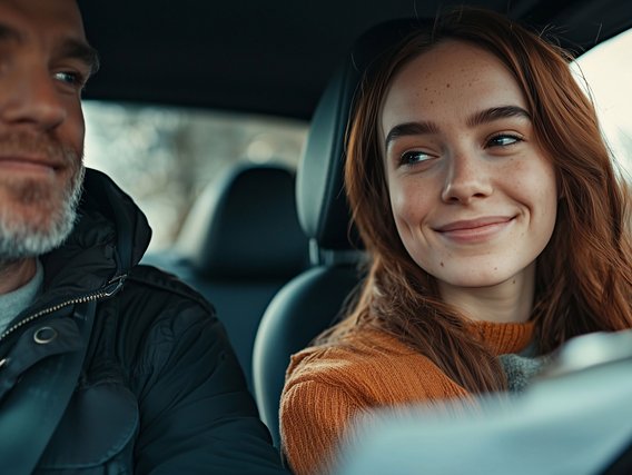 Fahrschüler und Fahrlehrer im Auto während der Führerscheinprüfung