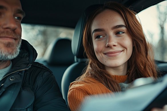 Fahrschüler und Fahrlehrer im Auto während der Führerscheinprüfung