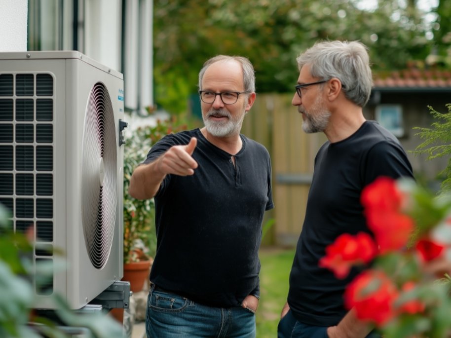 Zwei Männer mit grauen Bärten diskutieren vor einer Wärmepumpen-Außeneinheit im Garten zwischen roten Blumen.
