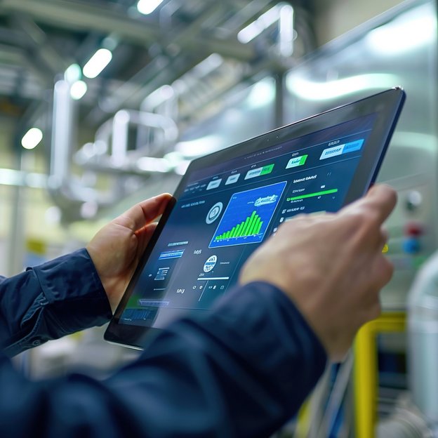 Person analysiert Energieverbrauch und Effizienzkennzahlen auf einem Tablet in einer Industrieumgebung