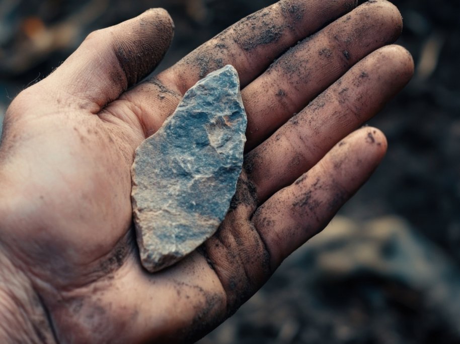 Eine schmutzige Hand hält einen blauen, unbearbeiteten Steinbrocken vor einem unscharfen Hintergrund.