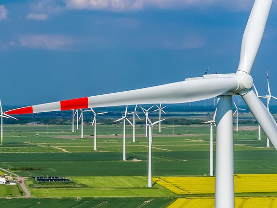 OEGL Mehrere Windkraftanlagen in einer weiten Agrarlandschaft mit Feldern und bewölktem Himmel