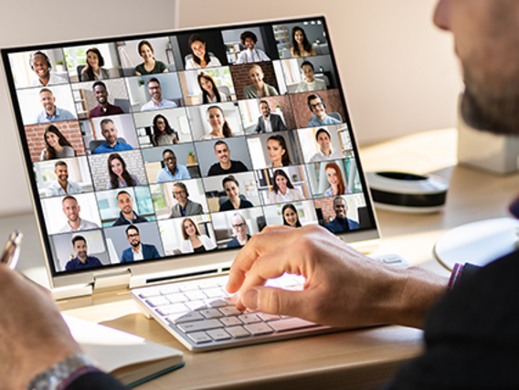 Teilnehmer eines Webinars am Laptop - Teaserbild Online-Treffen für freiberufliche Auditor:innen der Region Mitte-Ost 2025.