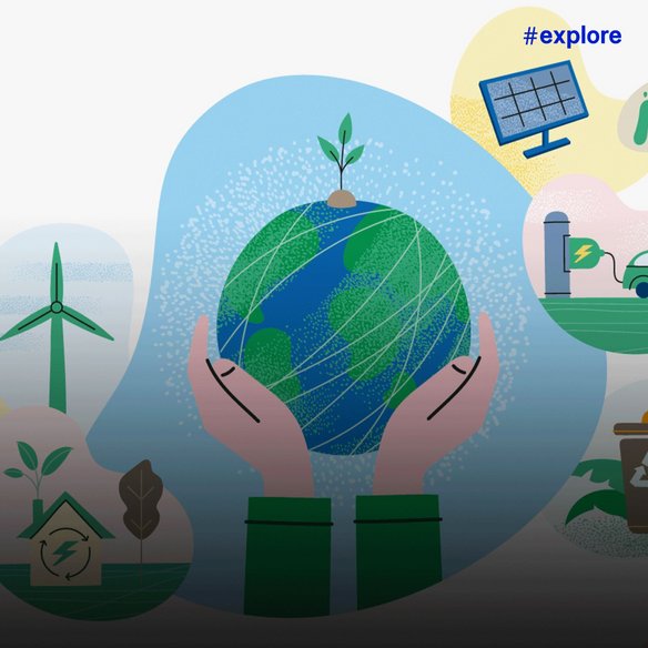 Bunte Illustration mit Händen, die eine grüne Erde umfassen, umgeben von Symbolen für Nachhaltigkeit wie Windkraft, Elektroautos, Recycling und Solarenergie.