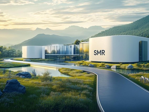 Modernes Gebäude eines Small Modular Reactor (SMR) inmitten einer grünen Landschaft mit Wald und Bergen