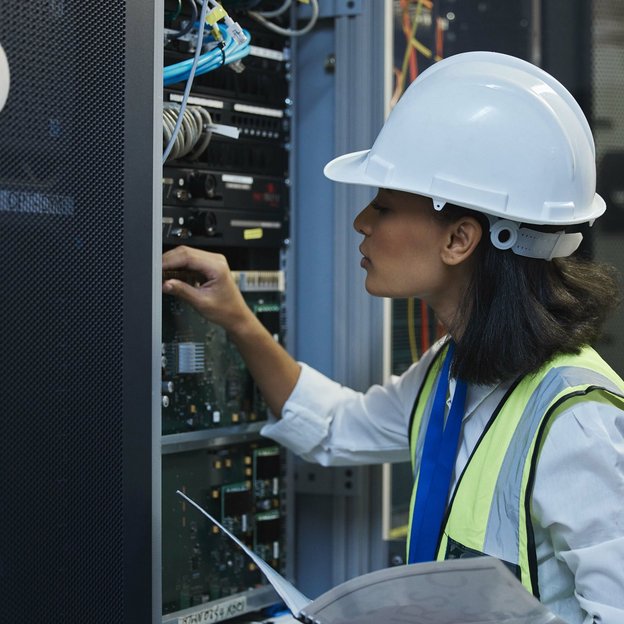 Technikerin mit Helm prüft Serverkomponenten in einem Rechenzentrum.