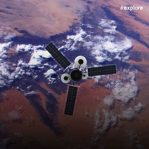 A satellite with extended solar panel arrays orbits high above Earth, positioned against the curved horizon showing landmasses and cloud formations. The spacecraft appears to be a communications or observation satellite in low Earth orbit.