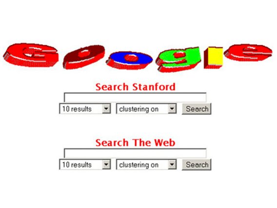Ein früher Google-Prototyp mit dreidimensionalem, buntem Logo und zwei Suchoptionen: "Search Stanford" und "Search The Web".