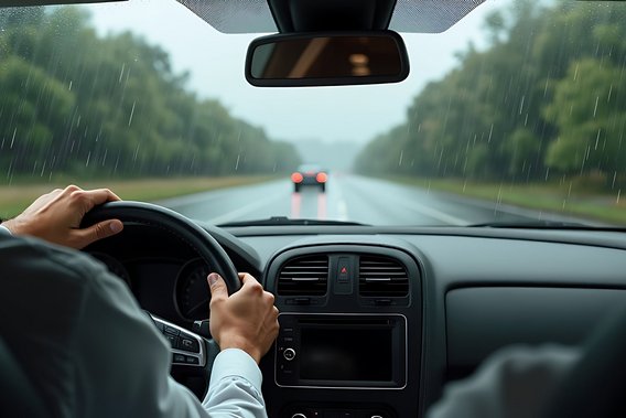 Blick aus dem Auto auf regennasse Straße, Fahrer hält das Lenkrad mit beiden Händen