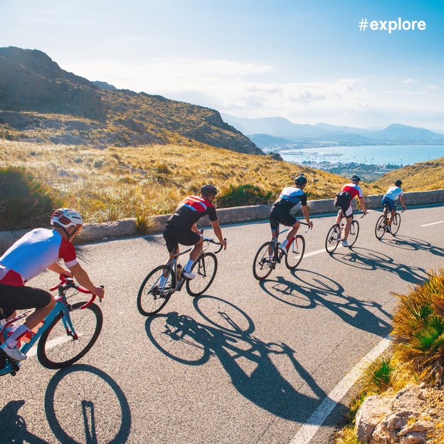 Eine Gruppe von Radfahrern fährt auf einer kurvenreichen Straße durch eine hügelige Landschaft mit Blick auf das Meer. Die Sonne scheint hell und wirft lange Schatten auf die Straße.