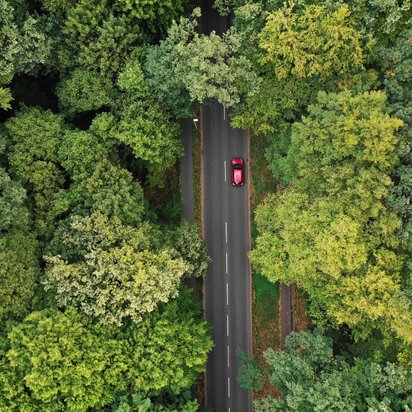 Luftaufnahme einer Straße durch einen dichten Wald mit einem roten Auto