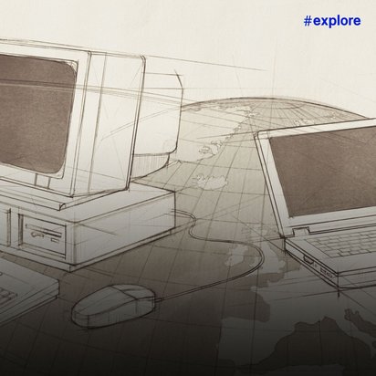 Technische Skizze zeigt die Evolution von Computern - von Desktop-PC mit separatem Monitor is zu Laptop, verbunden durch geschwungene Linien über Weltkugel-Hintergrund.